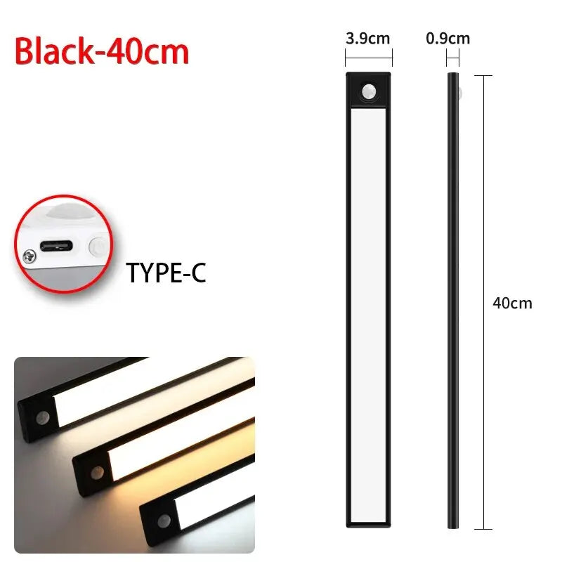 Led sensor de movimento luz noturna sem fio usb sob a luz do armário para armário de cozinha quarto guarda-roupa sensor iluminação interior