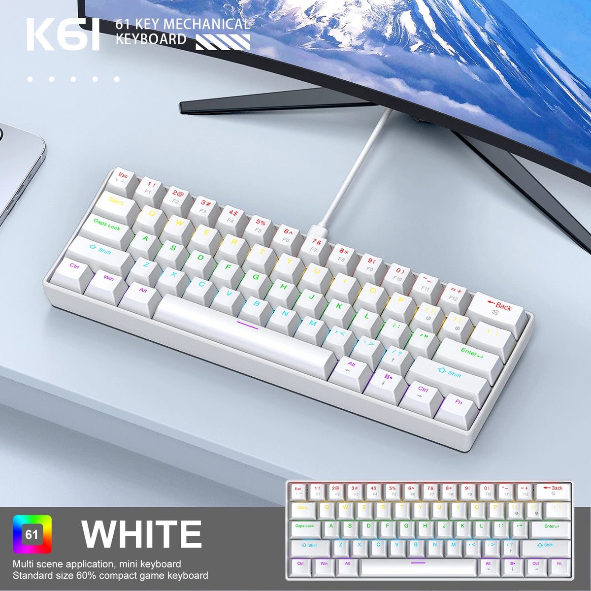 Teclado Mecânico Mini APAYADO K61, Com Fio, 61 Teclas, RGB Fantasma, Preto/Branco Vermelho/Azul, Interruptor Mecânico para Jogos, 60% Portátil