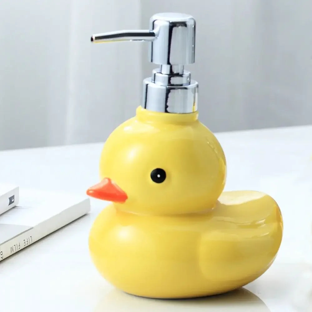 Dispensador de sabão de pato amarelo cerâmica dos desenhos animados garrafa desinfetante para as mãos chuveiro gel shampoo dispensador de sabão do banheiro dispensador de shampoo