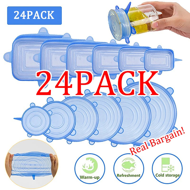 Tampa de Silicone para Alimentos 6/12/24 Peças, Tampa Elástica Reutilizável Hermética para Conservação de Alimentos, Acessórios de Cozinha para Armazenamento na Geladeira