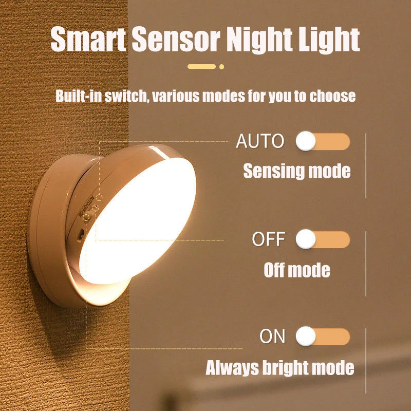 360 °   Pir sensor de movimento luz redonda poupança energia quarto usb recarregável noite lâmpada armário cabeceira escadas indução lâmpada inteligente