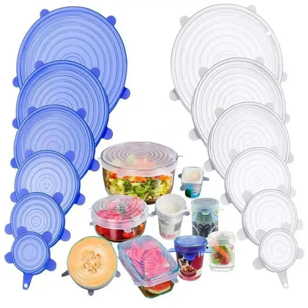 6 pçs grau alimentício silicone preservação capa reutilizável hermético comida universal prato estiramento tampas redondas para acessórios de cozinha