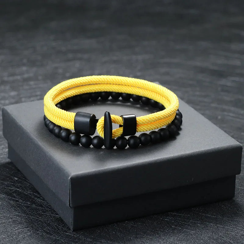 Kit Pulseiras Masculinas de Nylon com Ônix - Trançadas 6mm Feitas à Mão