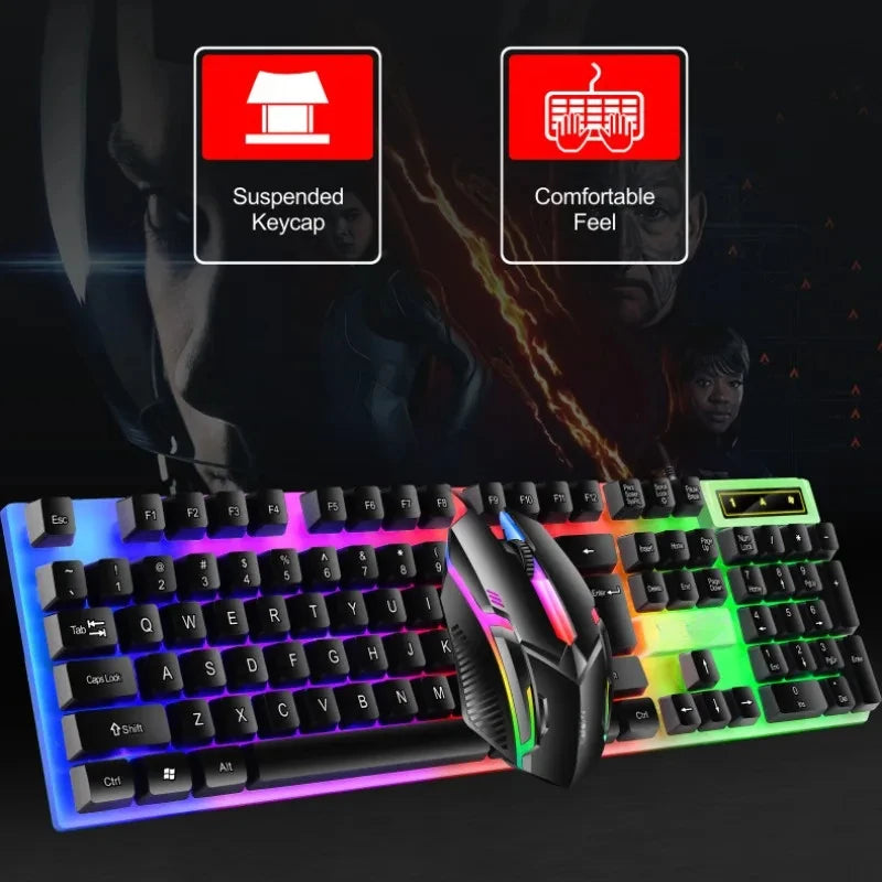 Combo de Teclado e Mouse USB Retroiluminados em LED Colorido, Confortável de Segurar, Durável e Resistente ao Desgaste.  Adequado para Negócios, Escritório,