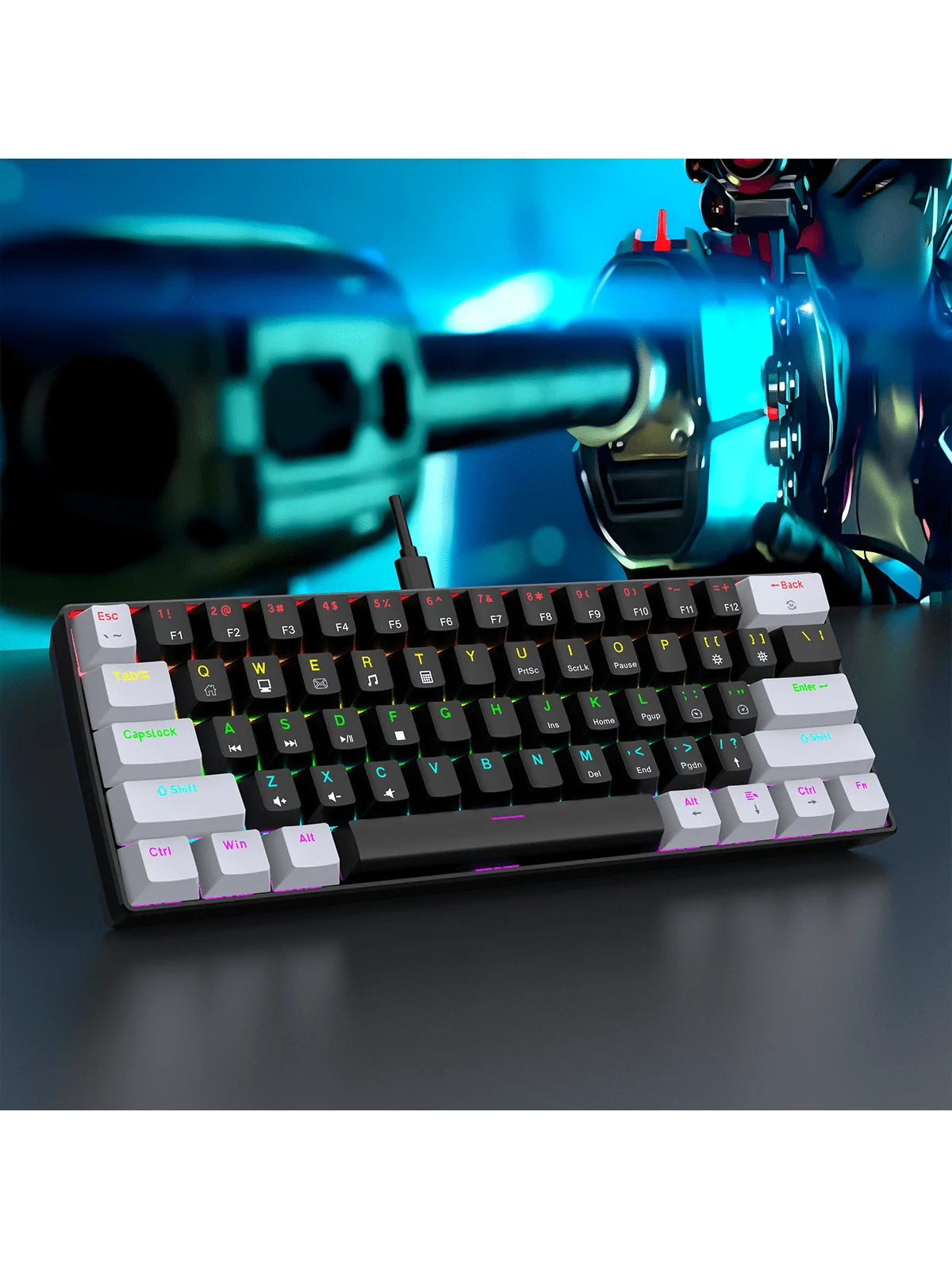 Teclado Mecânico Gamer com Fio 60% RGB Retroiluminado Layout Mini Ultra Compacto para Jogadores e Digitadores de PC/Mac Design Fácil de Viajar