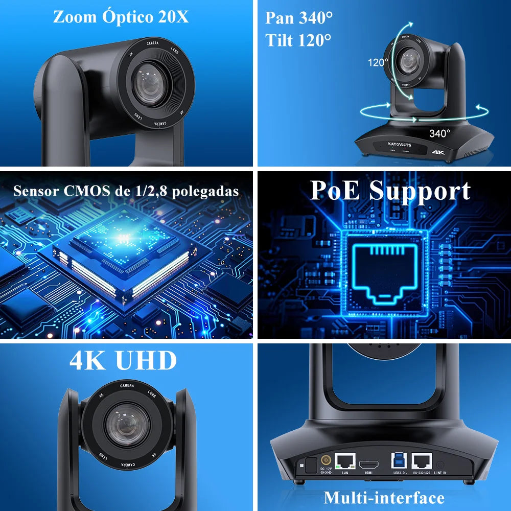 Câmera KATOVJJTS 4K PTZ com POE USB3.0 AI Framing HDMI Câmera de Vídeo Profissional para Conferências e Transmissão ao Vivo na Igreja
