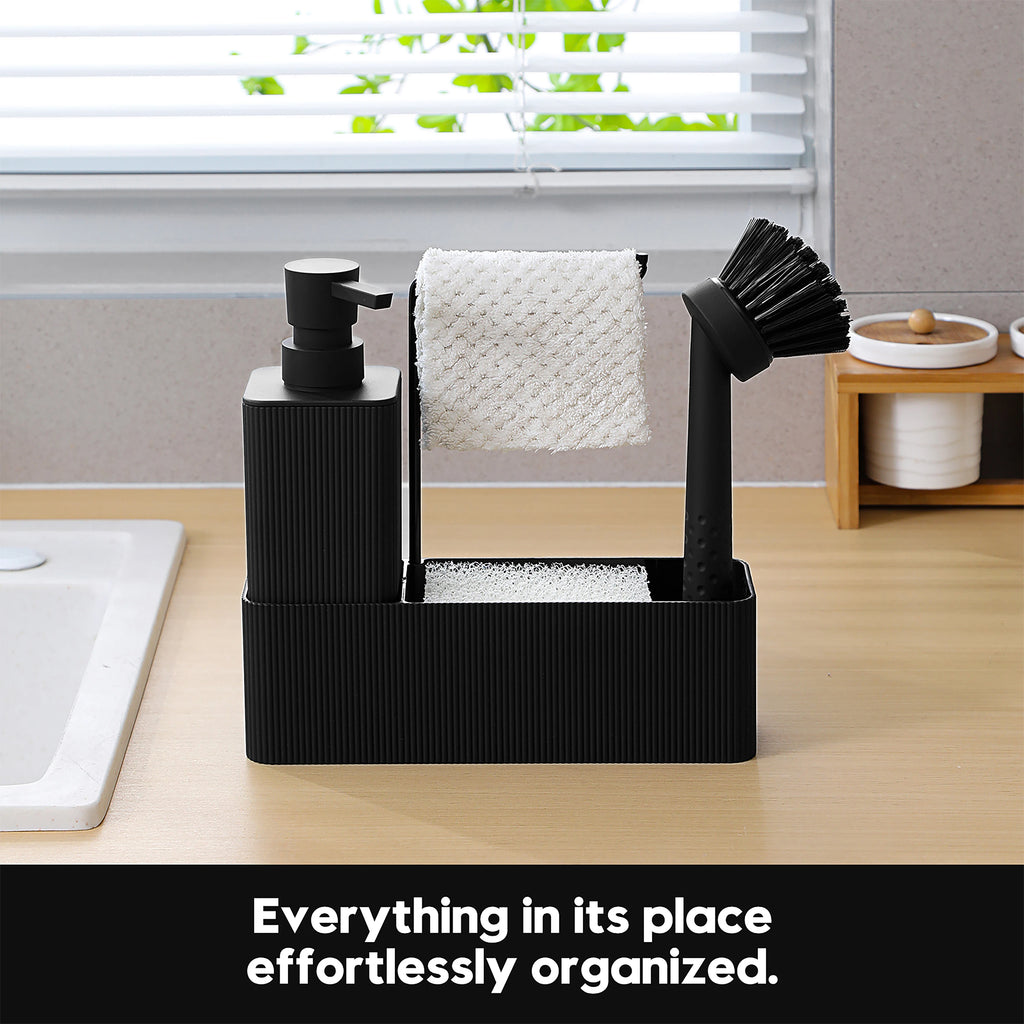 Dispensador de Sabão Preto Fosco para Cozinha - Inclui Dispensador de Sabão, Suporte para Esponja, Suporte para Toalha e Escova de Louça, Adequado para Cozinha