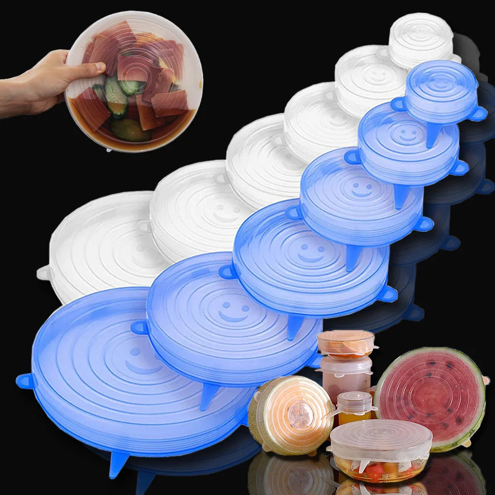 6 pçs reutilizáveis tampas de silicone tampas de silicone adaptáveis para latas pratos de alimentos frescos-mantendo acessórios de cozinha utensílios