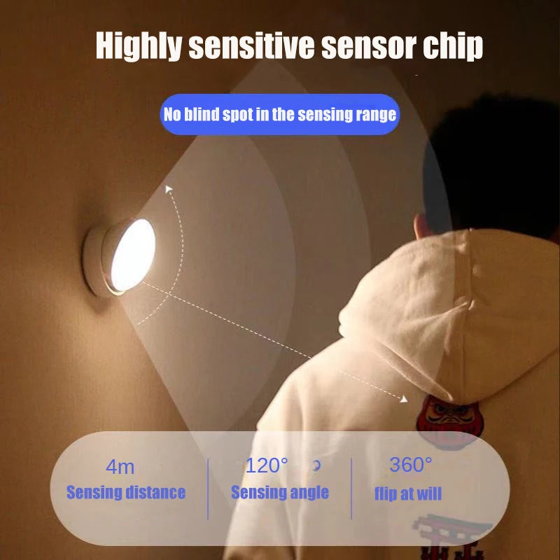 360 °   Pir sensor de movimento luz redonda poupança energia quarto usb recarregável noite lâmpada armário cabeceira escadas indução lâmpada inteligente