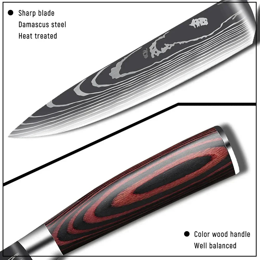 Conjunto 3 Facas de Cozinha Damasco Laser - Chef, Santoku e Utilitária