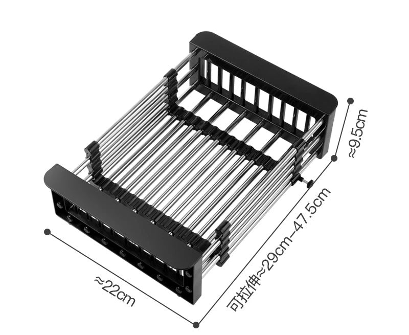 Rack de drenagem de cozinha retrátil, aço inoxidável, tigelas, louças, legumes, frutas, cesta de limpeza