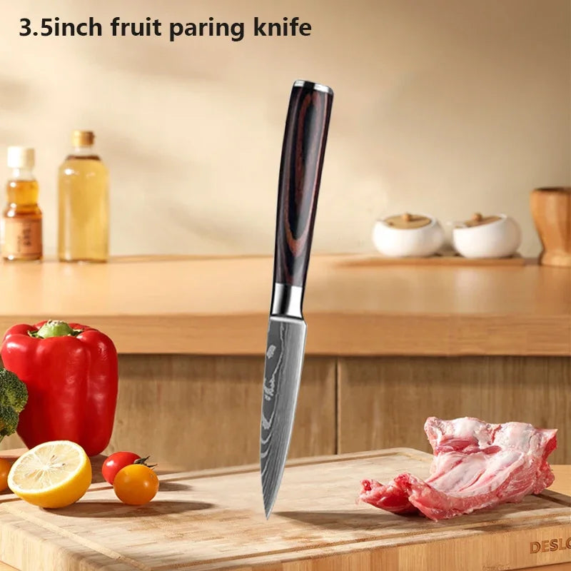 Conjunto 3 Facas de Cozinha Damasco Laser - Chef, Santoku e Utilitária