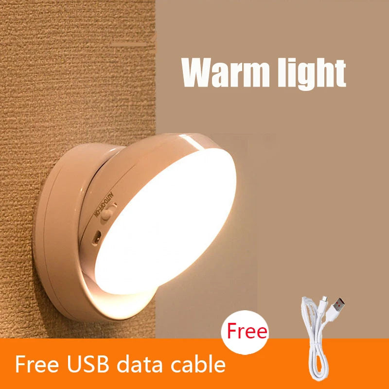360 °   Pir sensor de movimento luz redonda poupança energia quarto usb recarregável noite lâmpada armário cabeceira escadas indução lâmpada inteligente