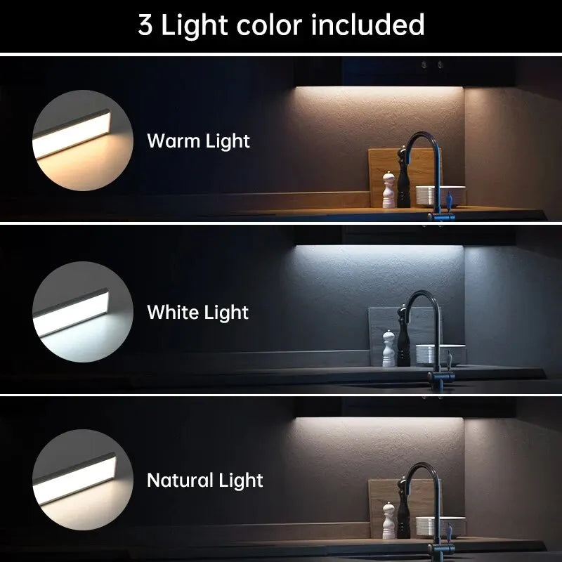 Led sensor de movimento luz noturna sem fio usb sob a luz do armário para armário de cozinha quarto guarda-roupa sensor iluminação interior