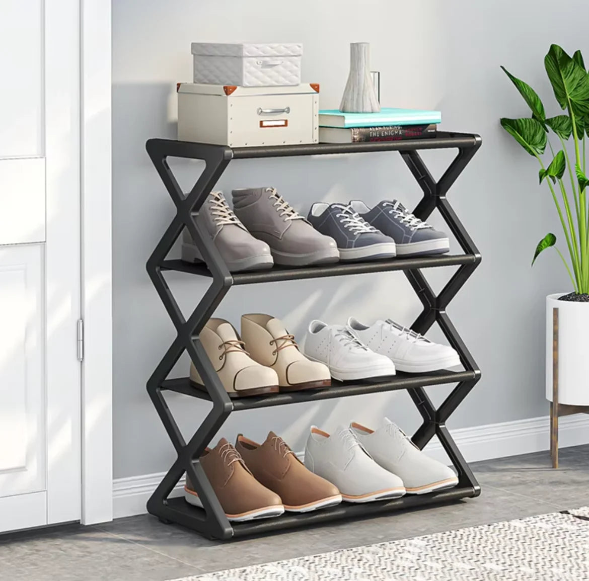 Sapateira de 4 Camadas Tipo X, Multicamadas e que Economiza Espaço, Sapateira Simples de Cor Sólida para Montagem Doméstica, Adequada para Varanda, Sala de Estar