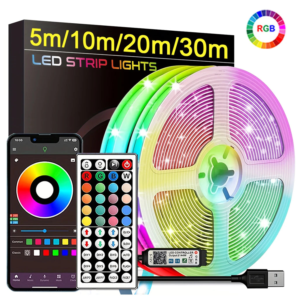 Fitas de LED RGB 5m 10m 20m 30m Luz de Quarto com Controle por APP Fita Flexível Luces Led para Decoração de Quarto