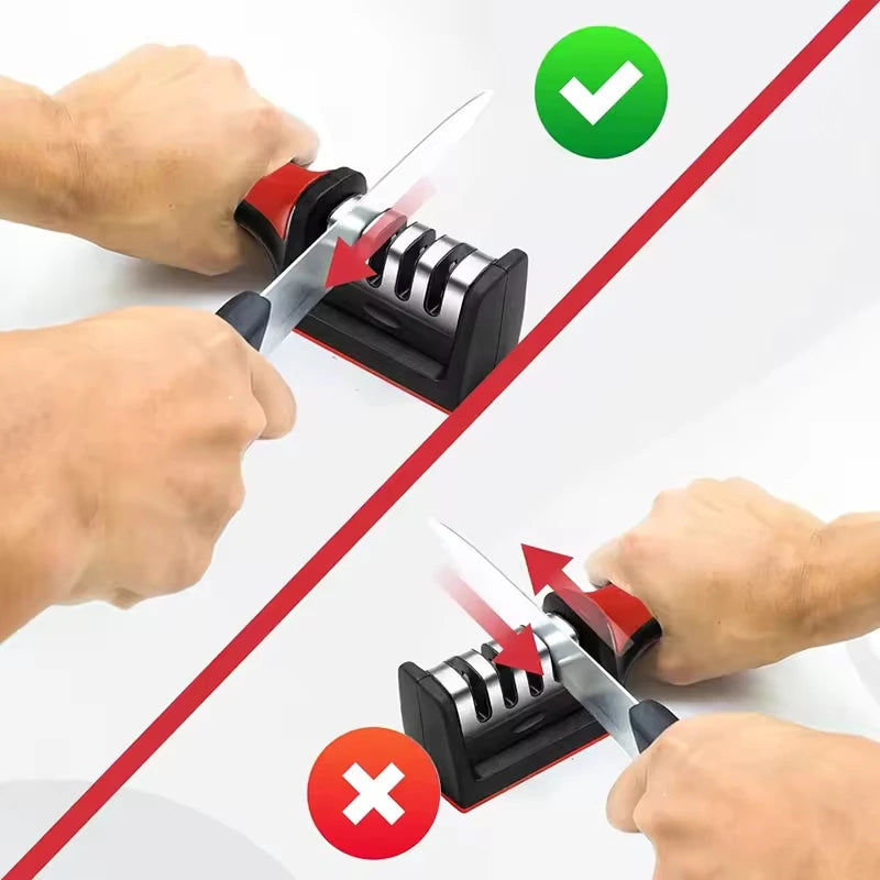Afiador de Facas Manual Ergonômico de 3 Estágios com Cabo Antiderrapante - Ferramenta de Afiar Facas de Cozinha para Uso Doméstico
