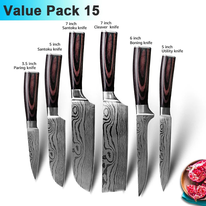 Facas de Cozinha Aço Damasco - Conjunto Profissional Chef Santoku