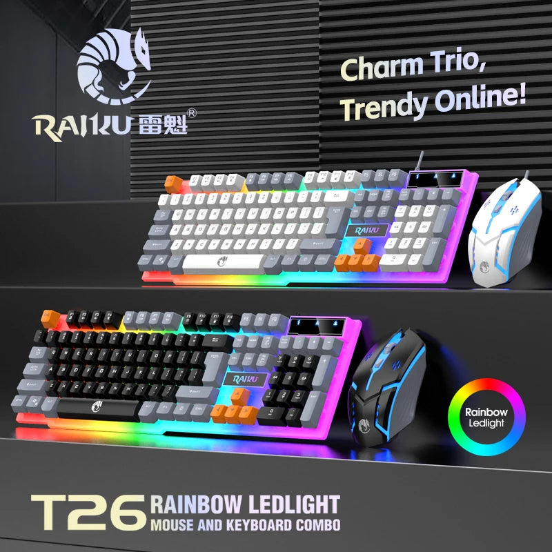 Teclado Único e Teclado Mouse RAIKU T2 Conjunto de Teclado e Mouse com Toque Mecânico Iluminado em Três Tons RAIKU T2