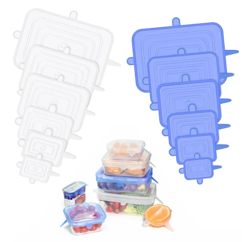 Tampa elástica de silicone quadrada, 6 peças, acessórios de ferramentas de cozinha, embalagem de alimentos reutilizável, tampa selada, mantém fresco, tampa elástica de tigela