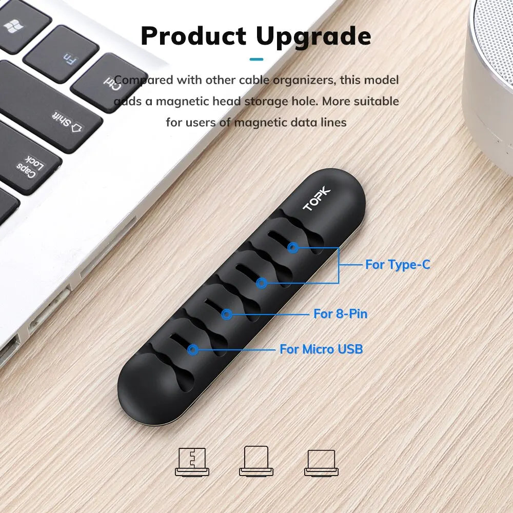 Topk l35 organizador de cabos, caixa de plugue magnético, enrolador de cabo de silicone, clipes flexíveis de gerenciamento de cabos para mouse e fone de ouvido
