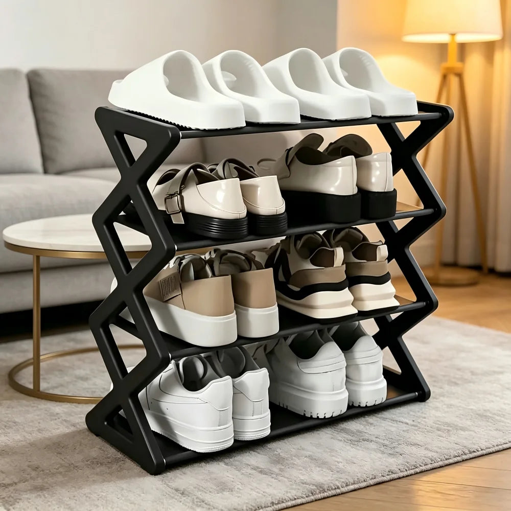 Sapateira de 4 Camadas Tipo X, Multicamadas e que Economiza Espaço, Sapateira Simples de Cor Sólida para Montagem Doméstica, Adequada para Varanda, Sala de Estar
