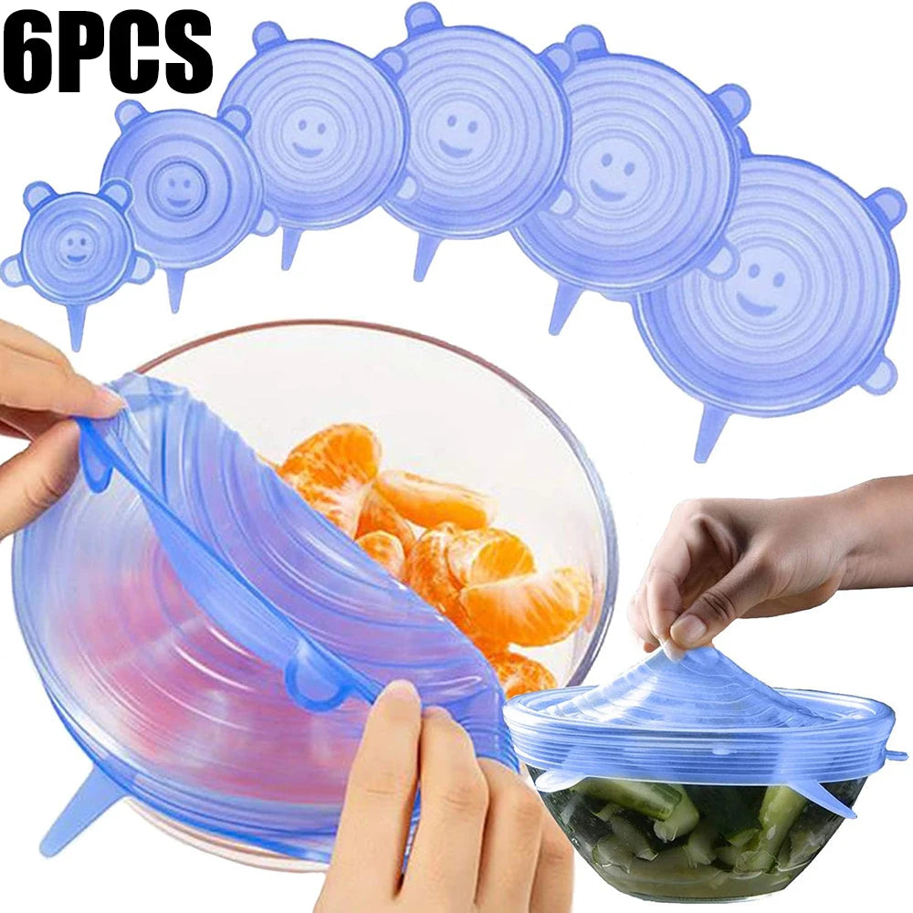 6 pçs grau alimentício silicone preservação capa reutilizável hermético comida universal prato estiramento tampas redondas para acessórios de cozinha