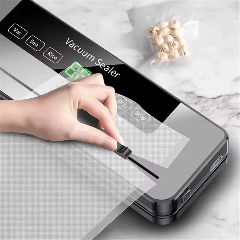 Máquina elétrica doméstica seladora a vácuo - operação com um toque com cortador embutido, ferramenta de embalagem para armazenamento de alimentos de cozinha