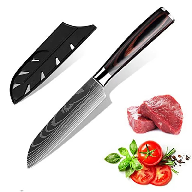 Conjunto 3 Facas de Cozinha Damasco Laser - Chef, Santoku e Utilitária