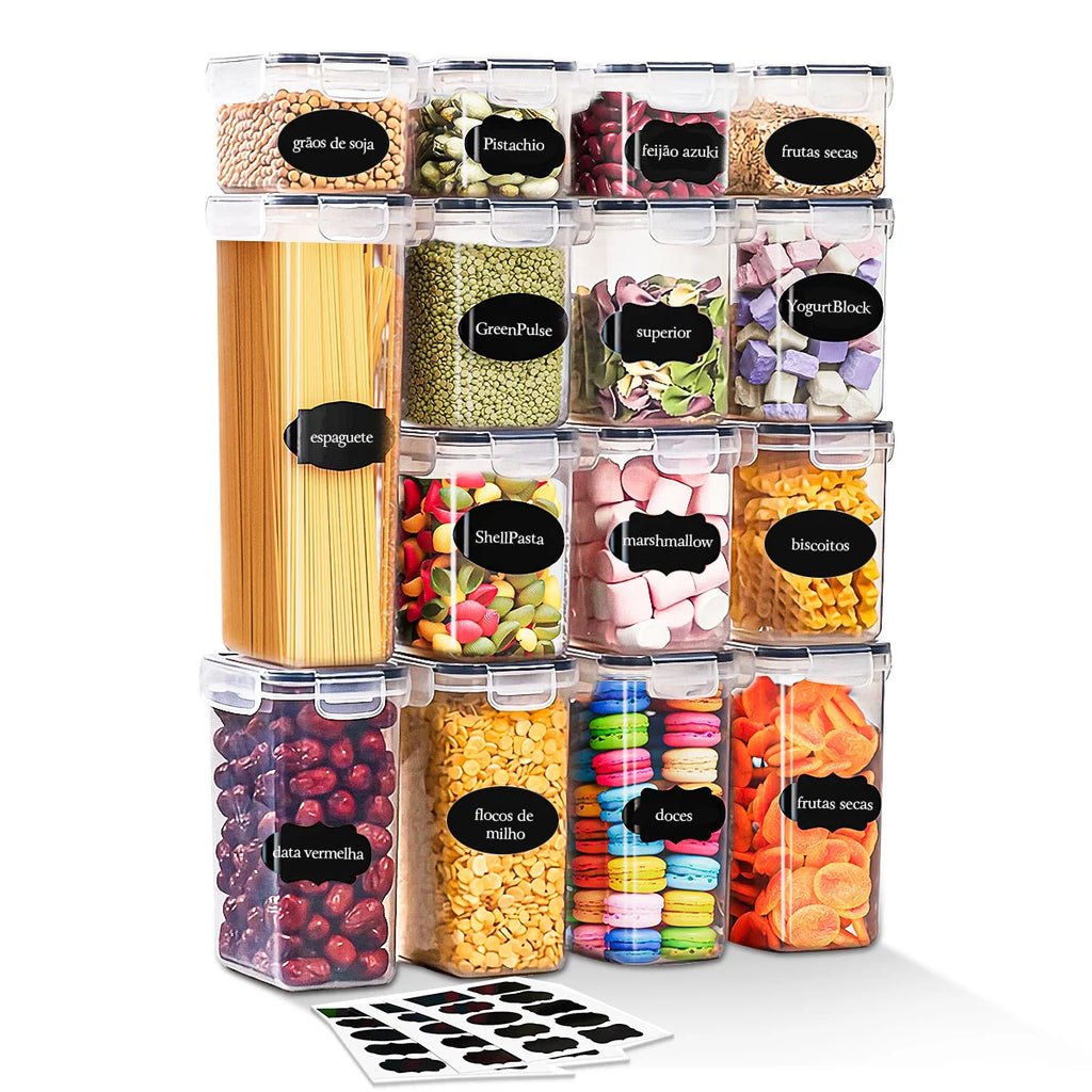 Conjunto de 200/1400/2000/12800 ml: 15 potes herméticos para armazenamento na cozinha, recipientes para armazenamento de cereais