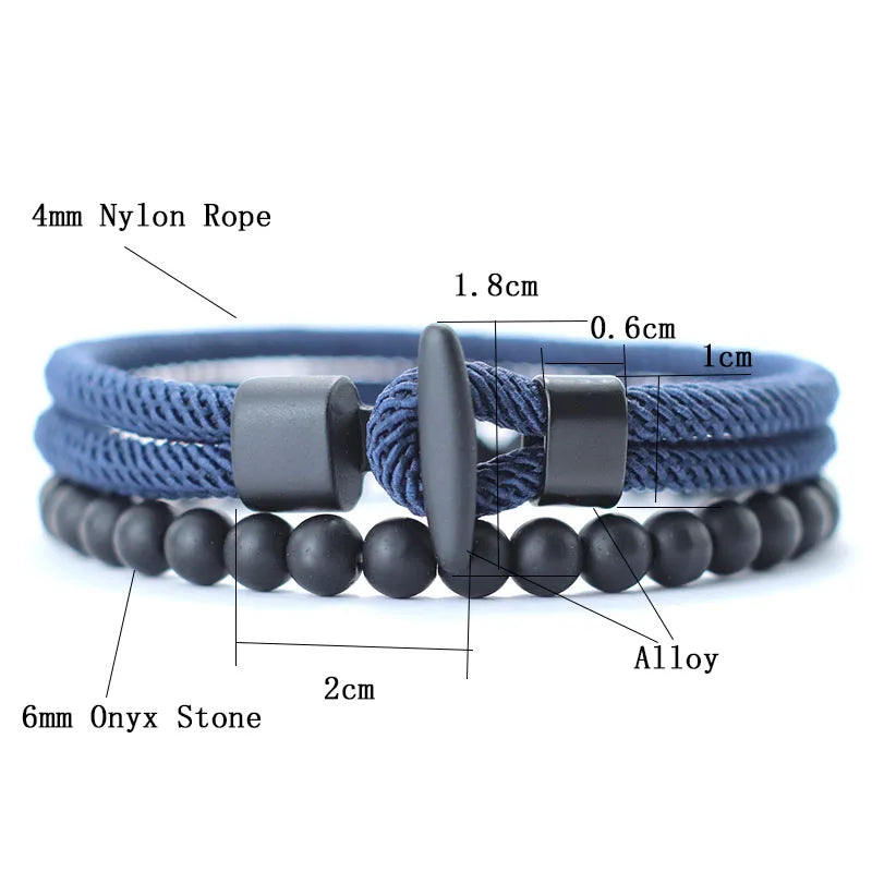 Kit Pulseiras Masculinas de Nylon com Ônix - Trançadas 6mm Feitas à Mão