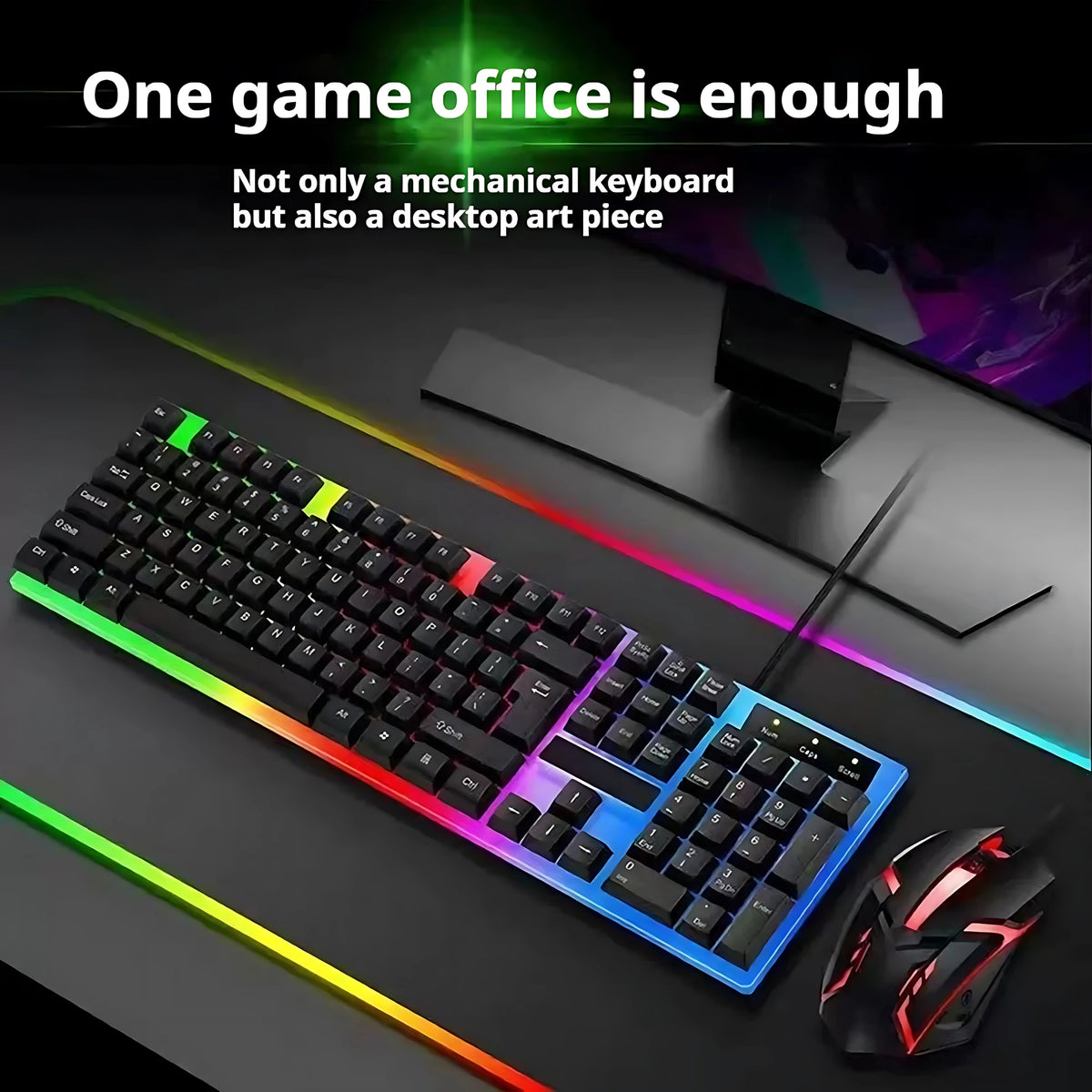 Teclado e Mouse com Iluminação de Fundo Arco-íris com Fio, Teclas Flutuantes Resistentes, Teclado Confortável e Durável para Escritório Empresarial