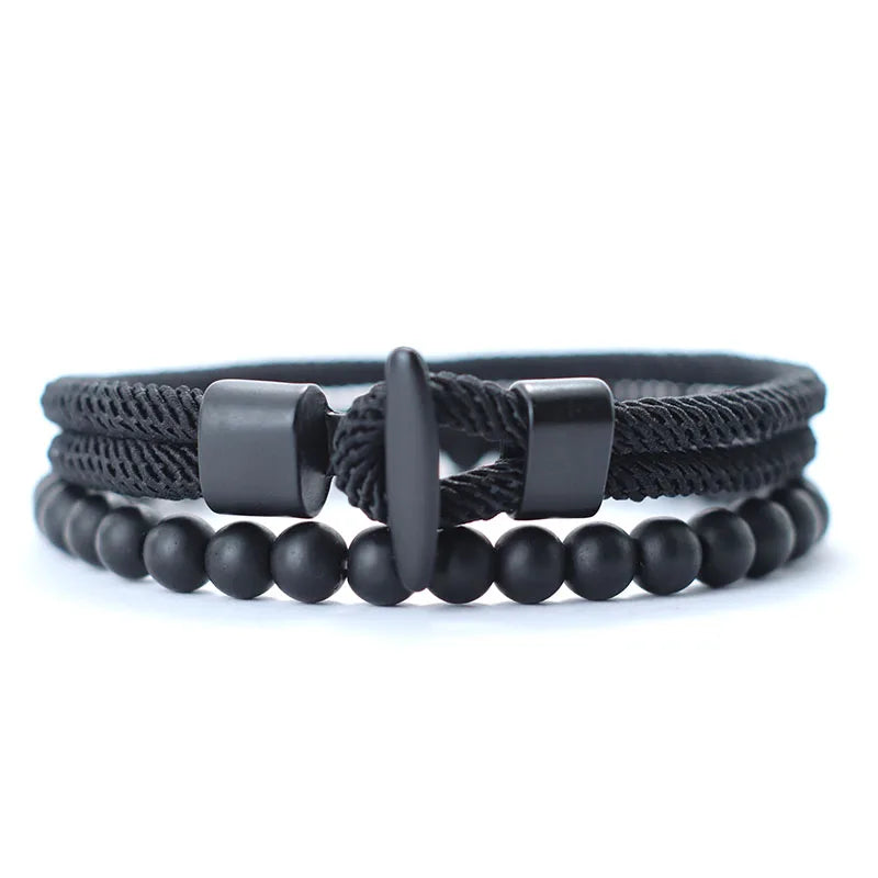 Kit Pulseiras Masculinas de Nylon com Ônix - Trançadas 6mm Feitas à Mão