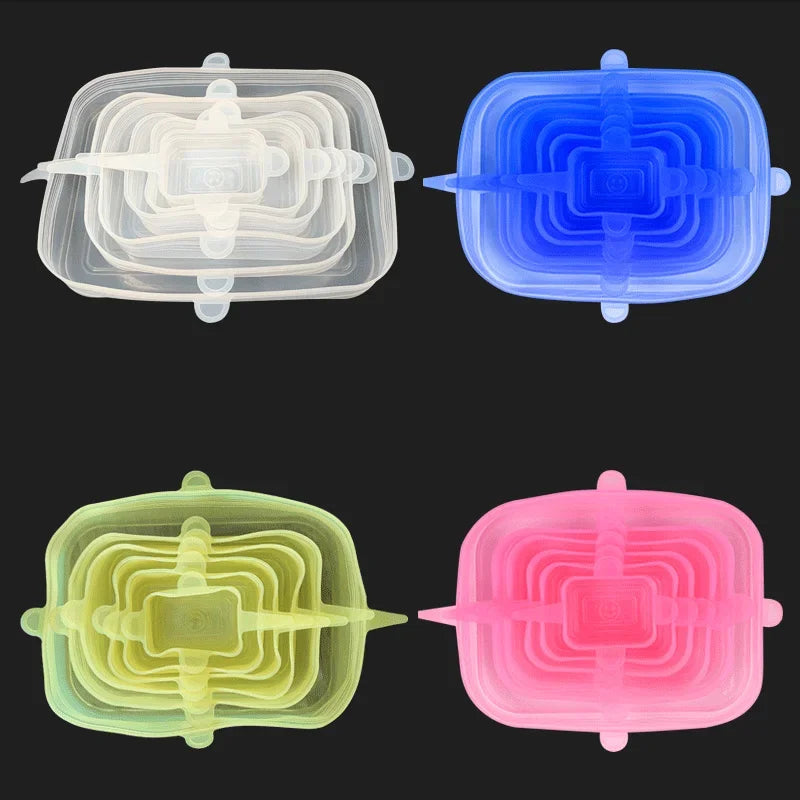 Tampa elástica de silicone quadrada, 6 peças, acessórios de ferramentas de cozinha, embalagem de alimentos reutilizável, tampa selada, mantém fresco, tampa elástica de tigela