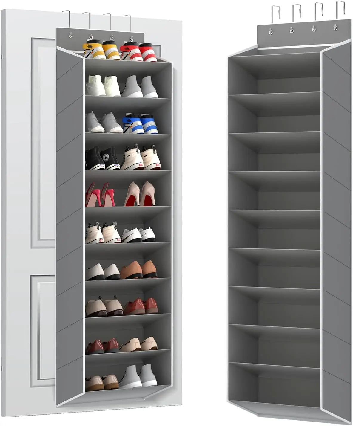 Organizador de sapatos grande sobre a porta, 10 camadas, pendurado, sapateira com bolsos profundos para porta de armazenamento, solução de armazenamento