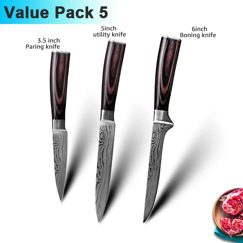 Facas de Cozinha Aço Damasco - Conjunto Profissional Chef Santoku