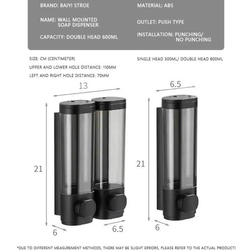 Dispensador Manual de Sabão em Plástico ABS Durável, Branco e Preto, Montado na Parede, Dispensador de Shampoo e Gel, Recipiente de Sabão Líquido para Hotel