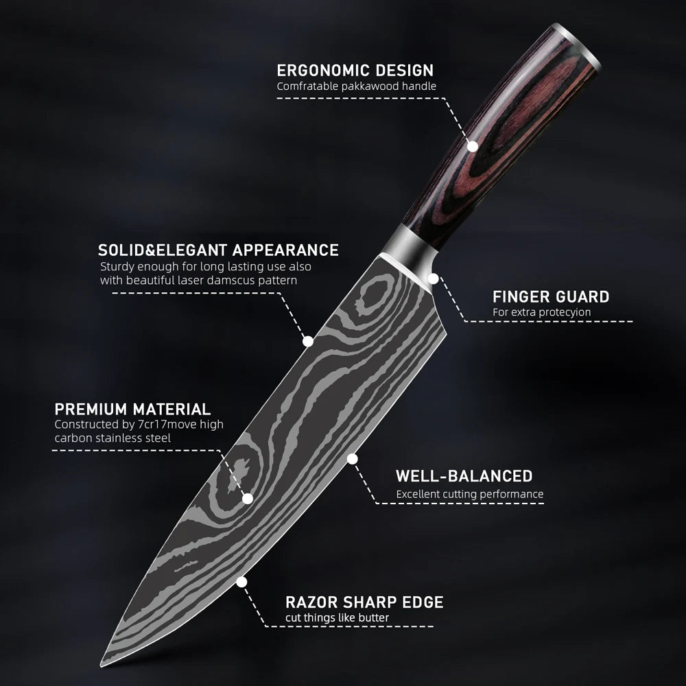 Facas de Cozinha Aço Damasco - Conjunto Profissional Chef Santoku