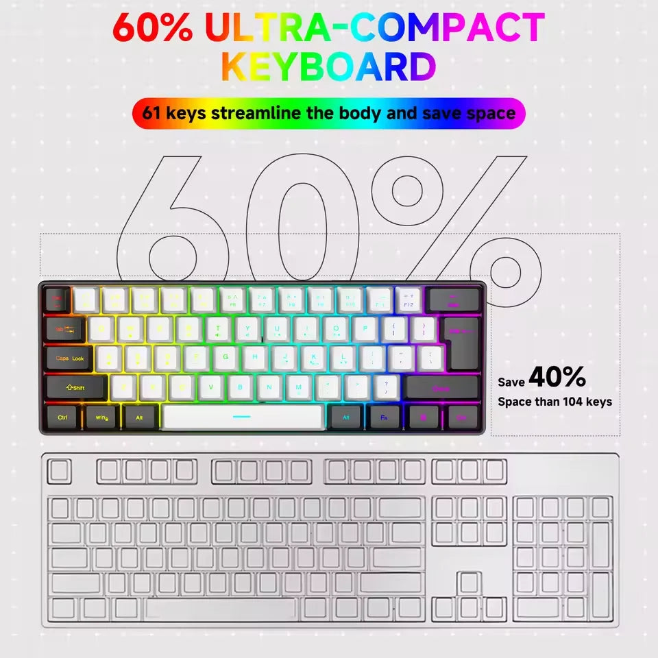 2026 Novo Teclado Mecânico Mini Portátil com Fio K61 Teclado Mini com Fio 61 Teclas Phantom RGB, Preto Branco Vermelho Vermelho/Azul Interruptor Novo