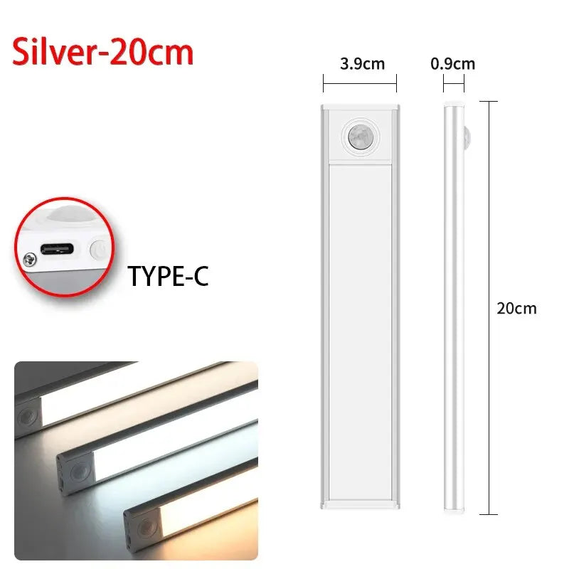 Led sensor de movimento luz noturna sem fio usb sob a luz do armário para armário de cozinha quarto guarda-roupa sensor iluminação interior