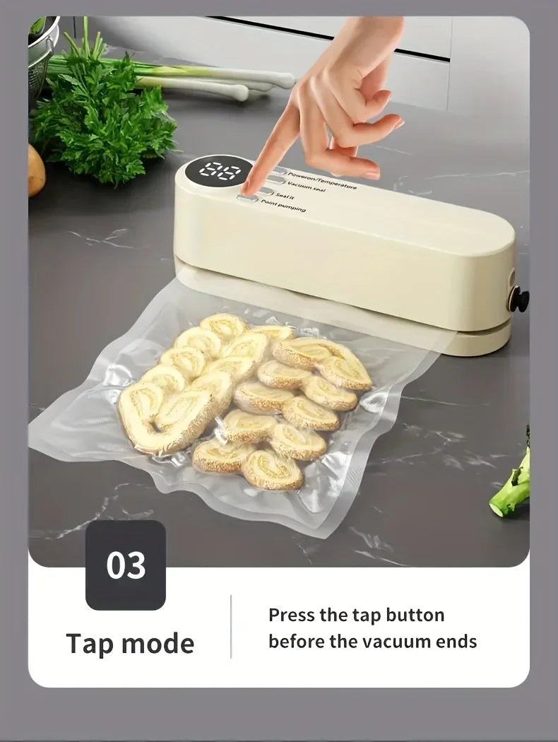 Selador a Vácuo USB Compacto com Display Digital: Selagem Rápida, Inclui Bomba e Sacos de Selagem, para Preservação, Lanches, Carnes, Frutas