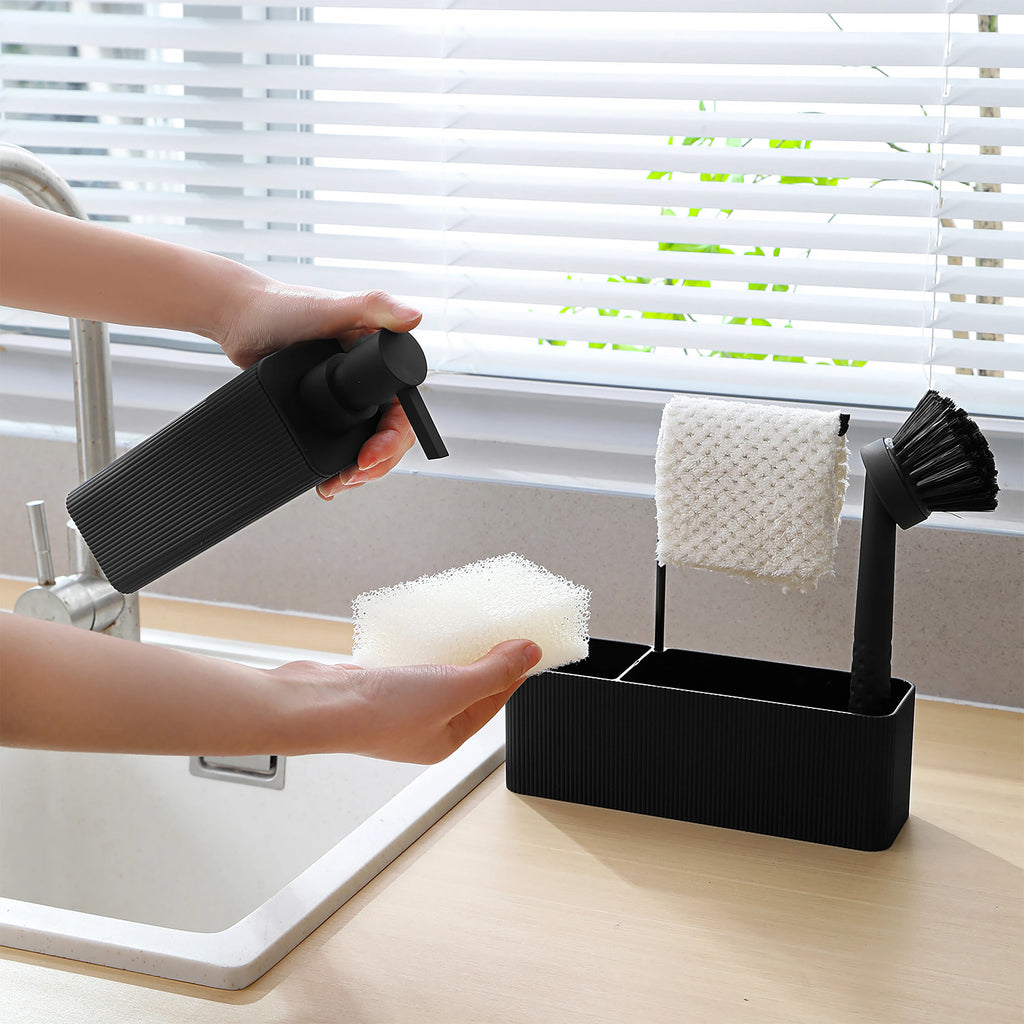 Dispensador de Sabão Preto Fosco para Cozinha - Inclui Dispensador de Sabão, Suporte para Esponja, Suporte para Toalha e Escova de Louça, Adequado para Cozinha