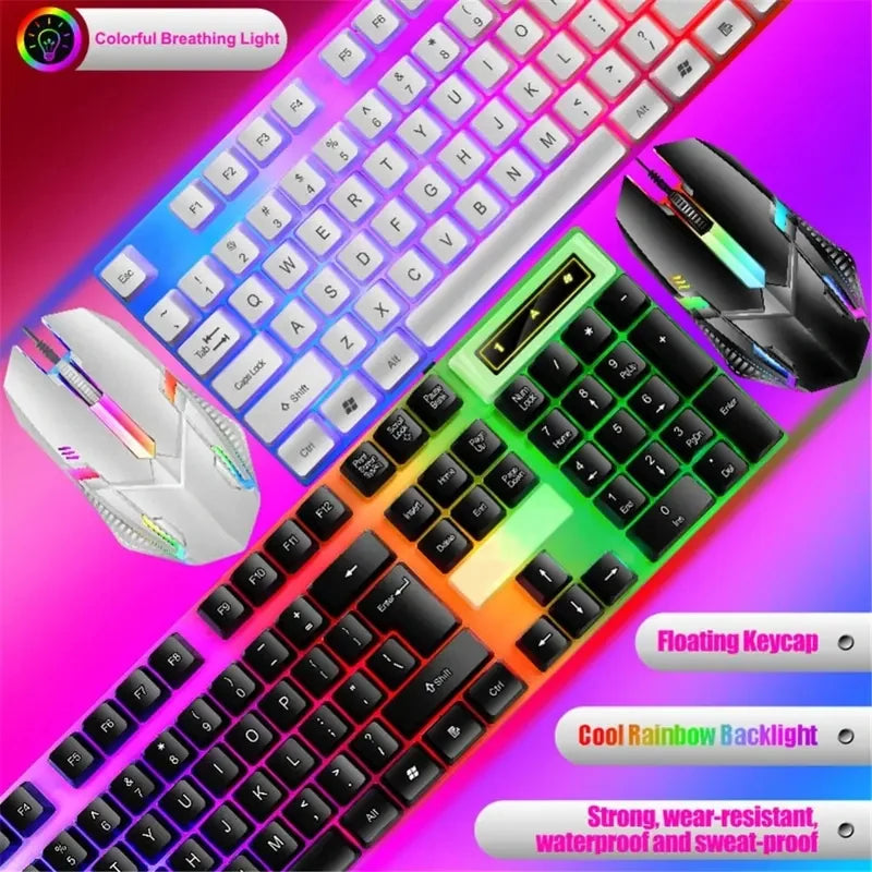 Combo de Teclado e Mouse USB Retroiluminados em LED Colorido, Confortável de Segurar, Durável e Resistente ao Desgaste.  Adequado para Negócios, Escritório,
