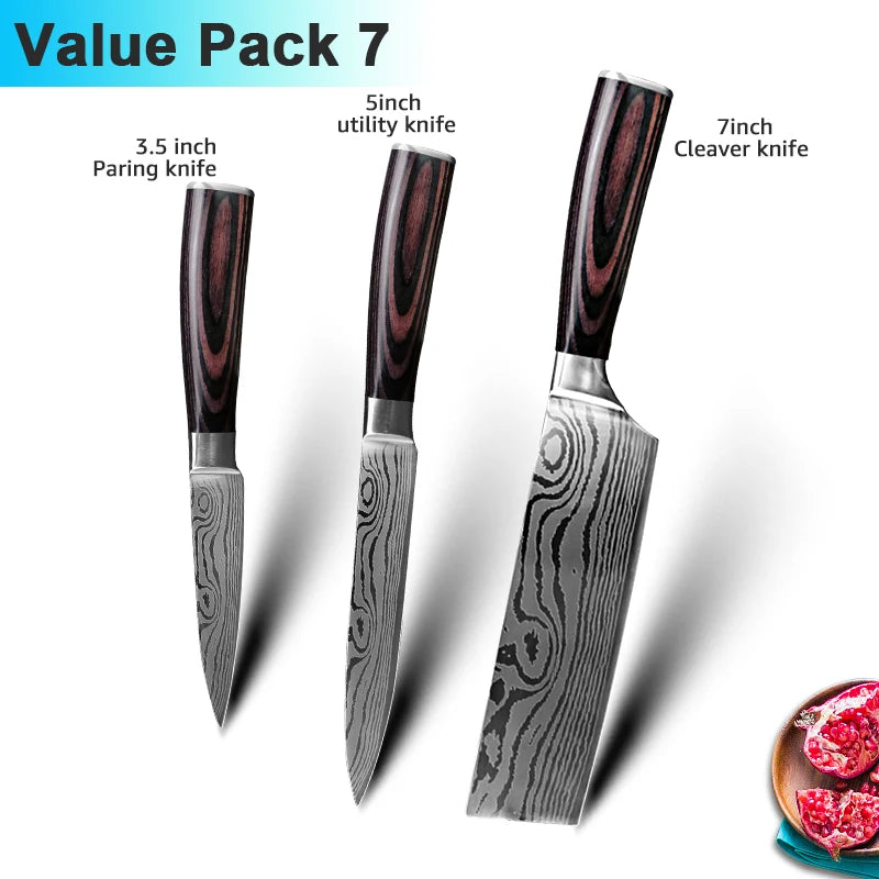 Kit Facas de Cozinha 7CR17 Aço Inox Damasco - Chef, Santoku, Cutelo