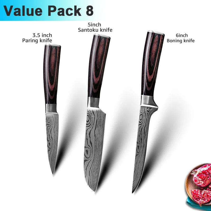 Facas de Cozinha Aço Damasco - Conjunto Profissional Chef Santoku
