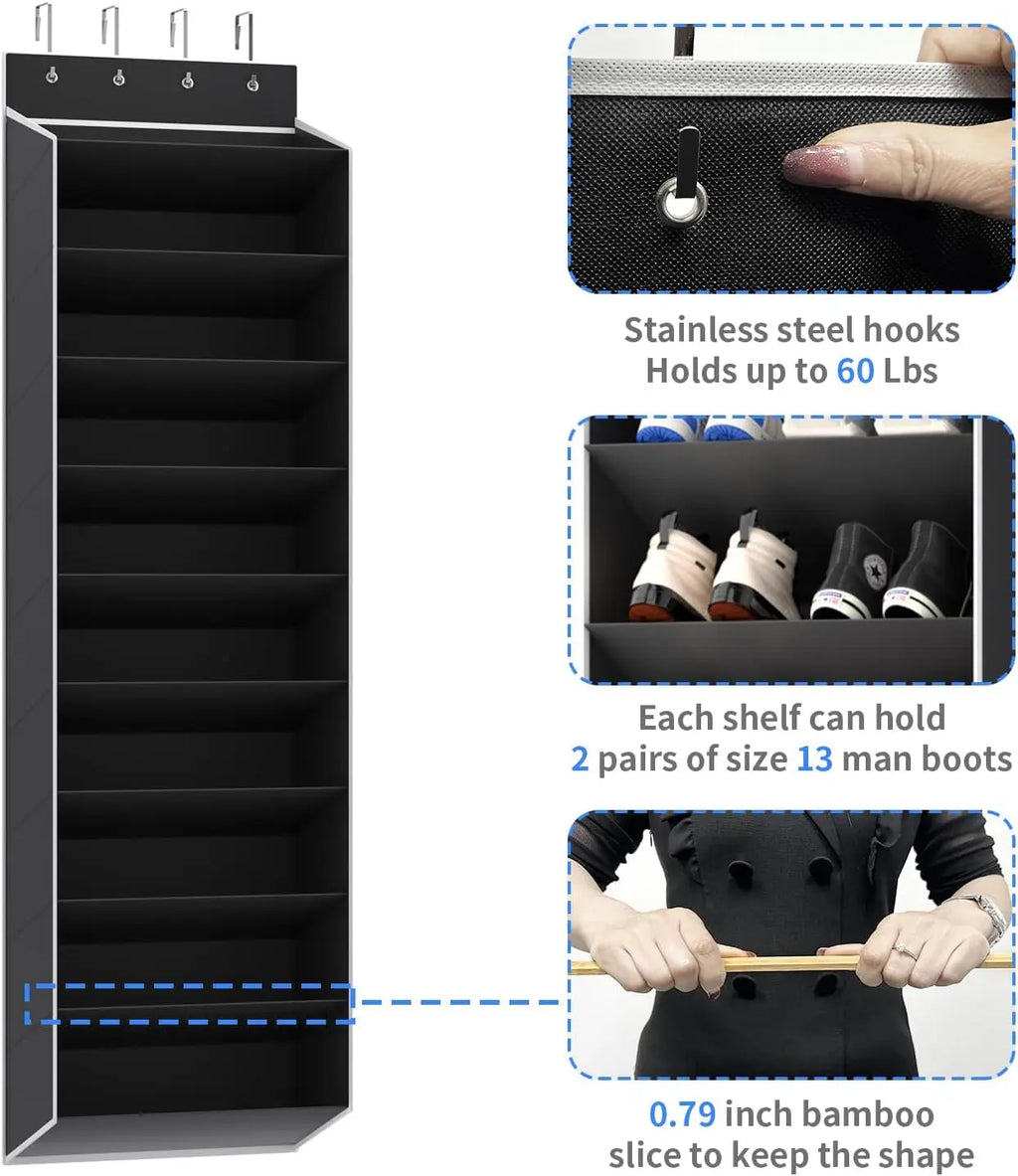 Organizador de sapatos grande sobre a porta, 10 camadas, pendurado, sapateira com bolsos profundos para porta de armazenamento, solução de armazenamento