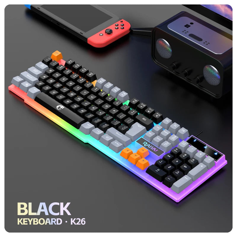 Teclado Único e Teclado Mouse RAIKU T2 Conjunto de Teclado e Mouse com Toque Mecânico Iluminado em Três Tons RAIKU T2