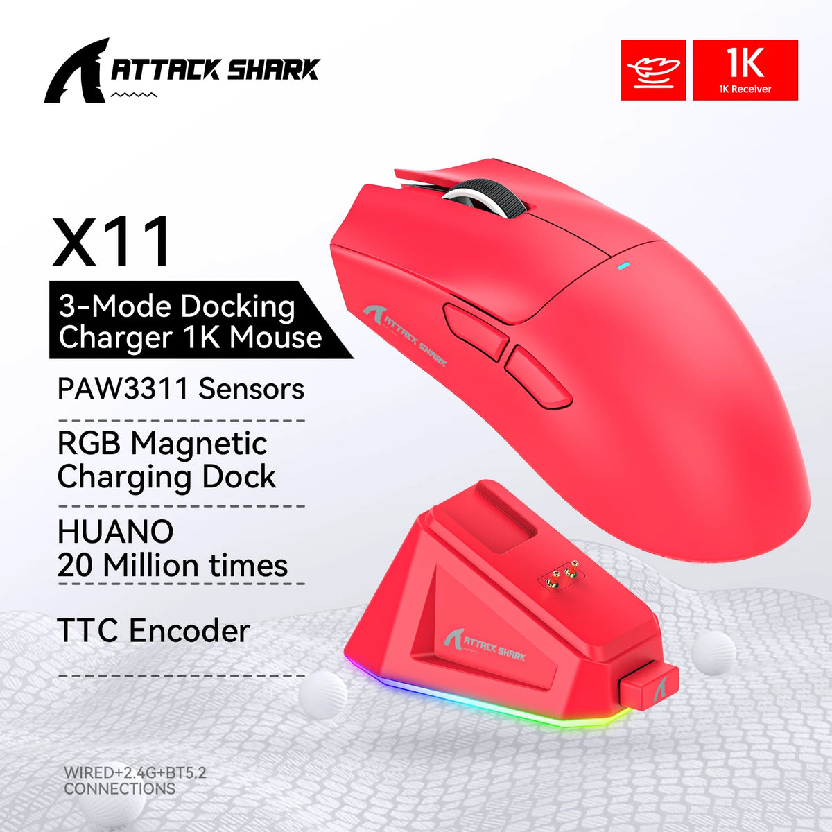 Mouse Sem Fio Bluetooth Attack Shark X11 Três Modos 2.4G PAW3311 RGB Dock Magnético para PC, Mouse para Jogos e E-sports