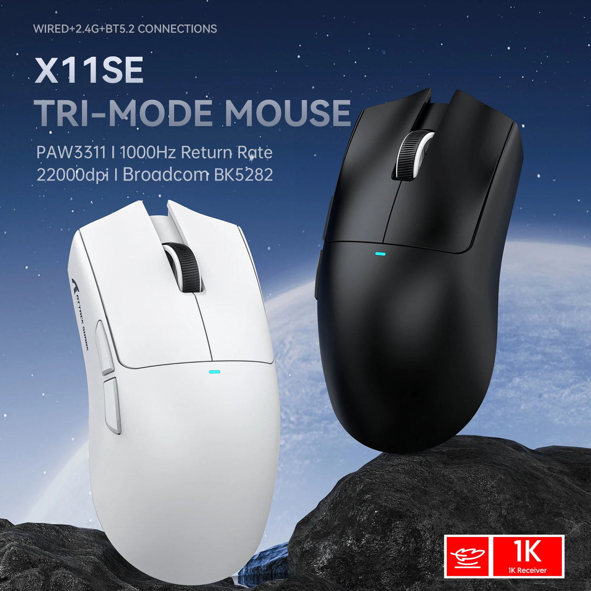 Mouse Gamer Sem Fio Attack Shark X11 X11SE 3 Modos, PAW3311, 22000DPI, 400IPS, Mouse Gamer para PC