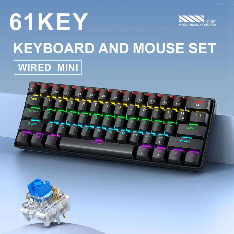 Teclado Mecânico Mini APAYADO K61, Com Fio, 61 Teclas, RGB Fantasma, Preto/Branco Vermelho/Azul, Interruptor Mecânico para Jogos, 60% Portátil